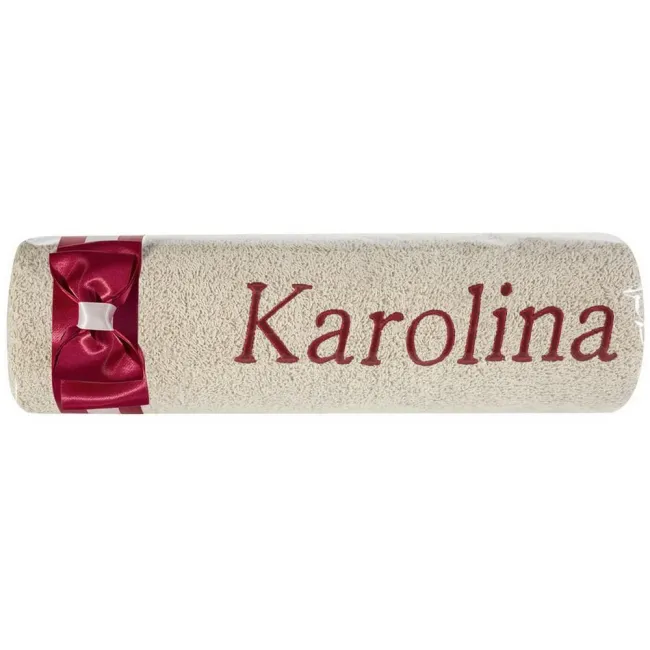 Ręcznik z haftem 50x90 Karolina beżowy bordowa kokarda na prezent imieninowy
