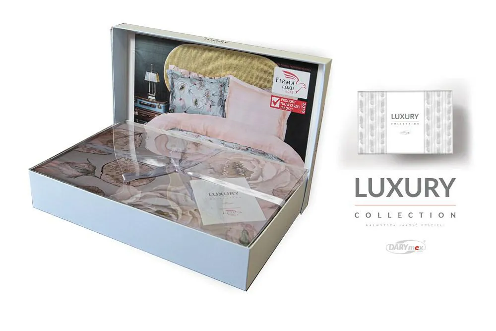 Pościel satynowa 220x200 Erde w pudełku kwiaty róże szara różowa pudrowa dwustronna Luxury Premium