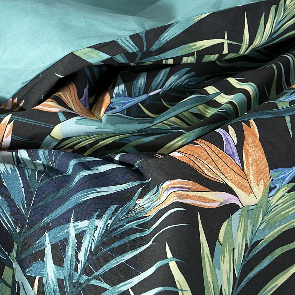 Pościel bawełniana 160x200 liście palmy kwiaty egzotyczna roślinna czarna zielona pomarańczowa miętowa Editta