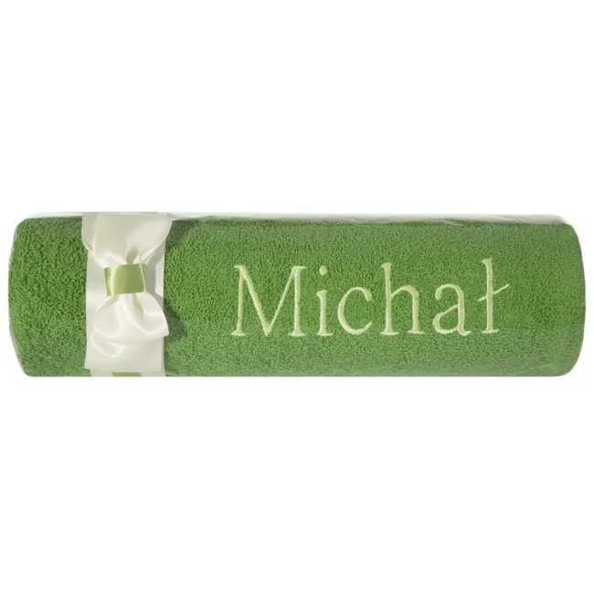 Ręcznik z haftem 50x90 Michał zielony kremowa kokarda na prezent imieninowy