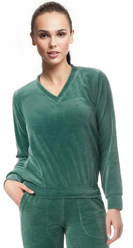 Dres damski długi welurowy 306 L zielony welurowy komplet z bluzą bawełniany