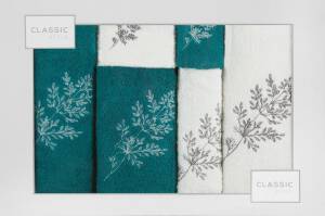 Komplet ręczników w pudełku 6 szt Kamil biały turkusowy ciemny kwiatki liście gałązki 380g/m2 Eurofirany