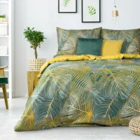 Pościel satynowa 220x200 Liście palmy monstery egzotyczna zielona turkusowa żółta Melania Eurofirany