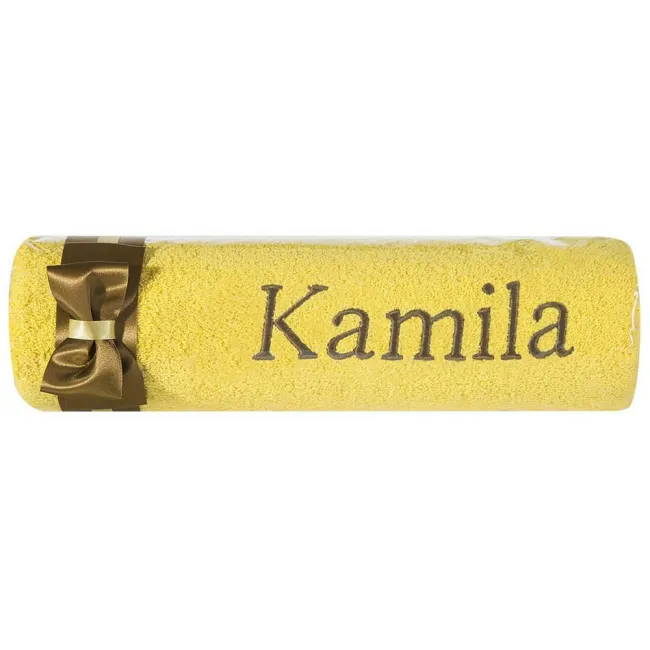 Ręcznik z haftem 50x90 Kamila żółty brązowa kokarda na prezent imieninowy