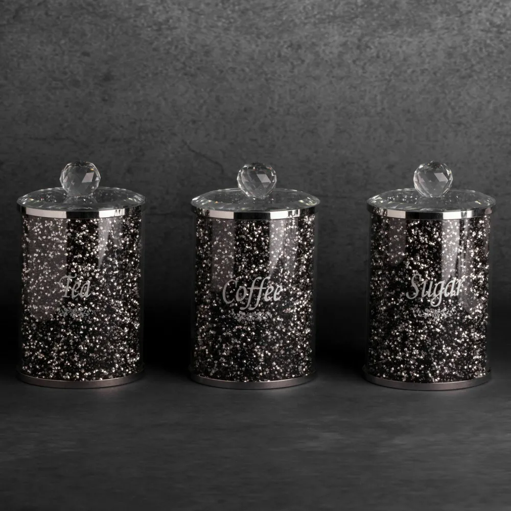 Komplet pojemników Ventosa 3szt. 10x17 kawa herbata cukier srebrny czarny do przechowywania z kryształkami w stylu glamour Eurofirany