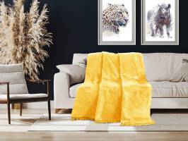 Koc bawełniany akrylowy 150x200 B207 żółty jednobarwny z frędzlami narzuta na łóżko 450g/m2