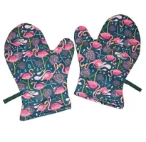 Rękawice kuchenne 17x27 z magnesem 2 szt różowe Flamingi zielony ciemny bawełniane do kuchni 3537 ochronne