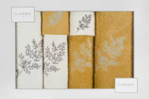 Komplet ręczników w pudełku 6 szt Kamil kremowy musztardowy kwiatki liście gałązki 380g/m2 Eurofirany