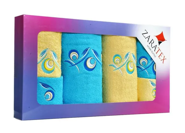 Komplet ręczników w pudełku 6 szt Paw niebieski żółty po 2 szt. 30x50, 50x90, 70x140 400g/m2