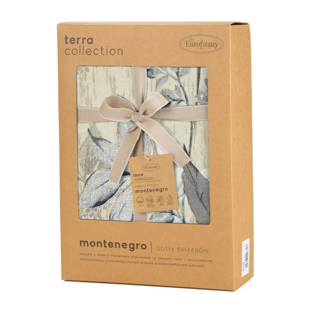 Pościel satynowa 160x200 Monte 1 beżowa stalowa liście w pudełku Terra Collection Eurofirany
