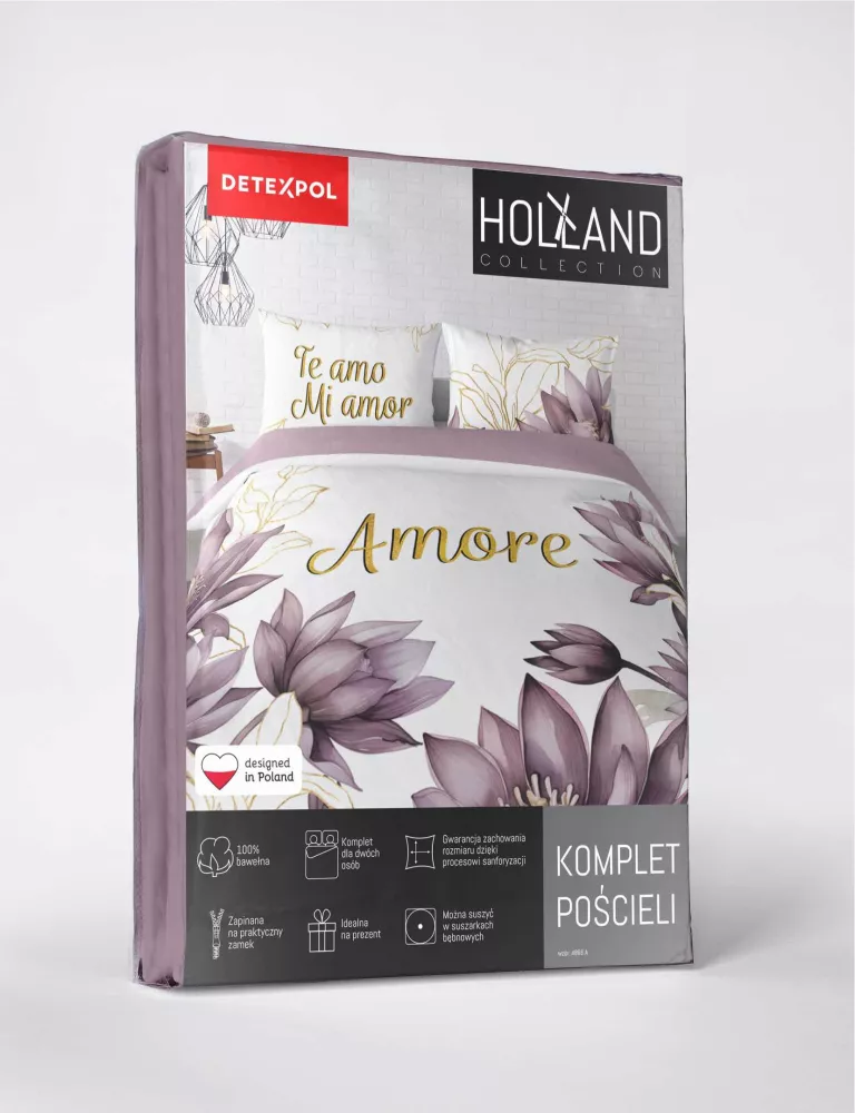 Pościel bawełniana 220x200 biała  wrzosowa kwiaty Amore 4866 A Holland 73