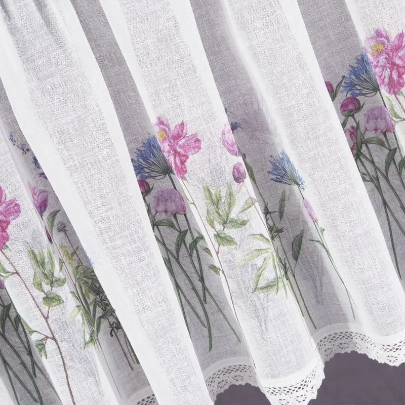 Zazdroska 60x150 Luara biała gotowa na tunel różowa wzór kwiatowy z matowej tkaniny z koronką Eurofirany