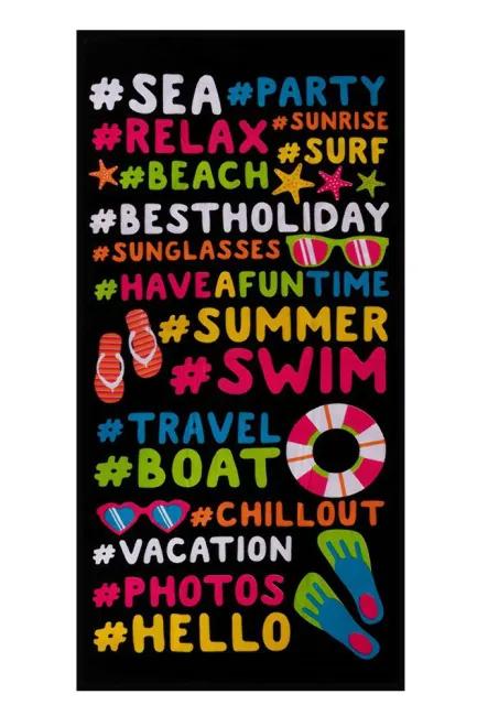 Ręcznik plażowy 86x170 XXL Monica 13 summer relax beach Napisy czarny mikrofibra 270g/m2 kolorowy klapki kąpielowy
