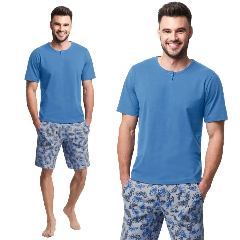 Piżama męska 730 niebieska szara XL liście egzotyczne krótka bawełniana