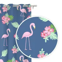 Zasłona gotowa na przelotkach 140x250 Flamingi niebieska kwiaty różowe liście