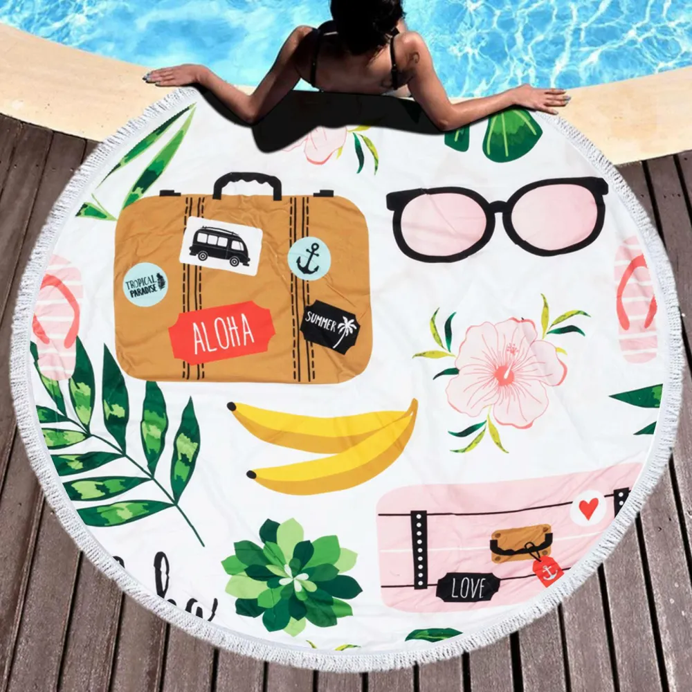 Ręcznik koc okrągły plażowy Boho 04 Aloha walizki 150 cm mikrofibra 250g/m2 okulary liście kwiaty banany
