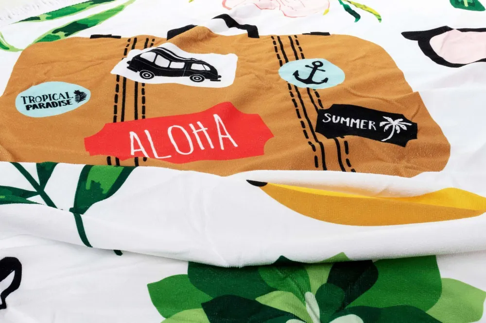 Ręcznik koc okrągły plażowy Boho 04 Aloha walizki 150 cm mikrofibra 250g/m2 okulary liście kwiaty banany