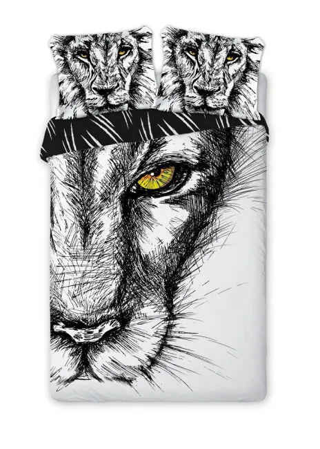 Pościel bawełniana 160x200 Lew kot Lion rysunek graficzny biała czarna Wild Nautre 003 dwustronna