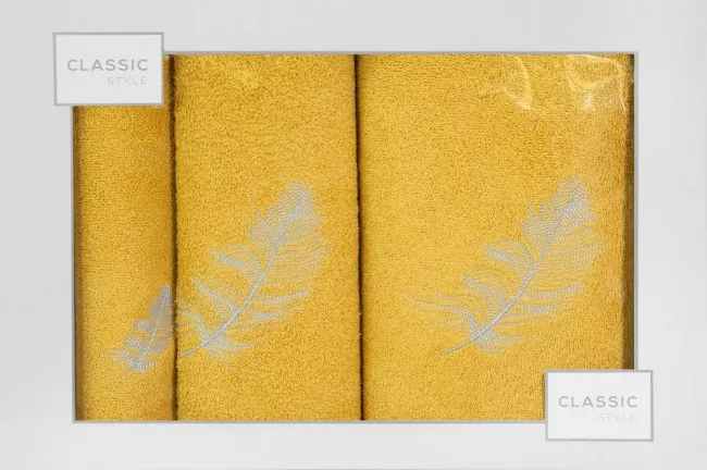Komplet ręczników w pudełku 3 szt musztardowy srebrny piórka 380g/m2 Nadia Eurofirany