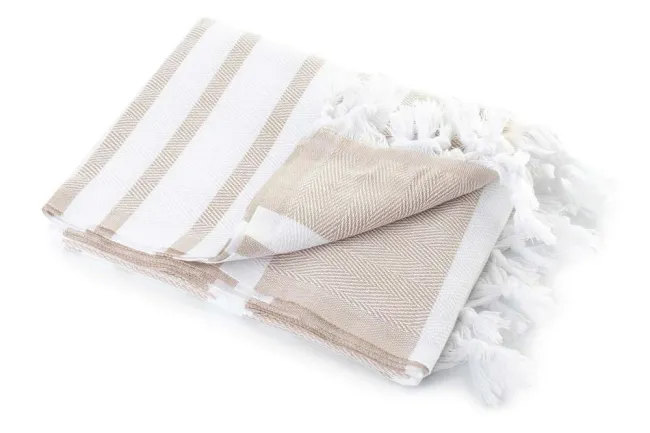 Ręcznik plażowy 100x180 Hamam beżowy biały pasy frędzle bawełniany kąpielowy 210g/m2