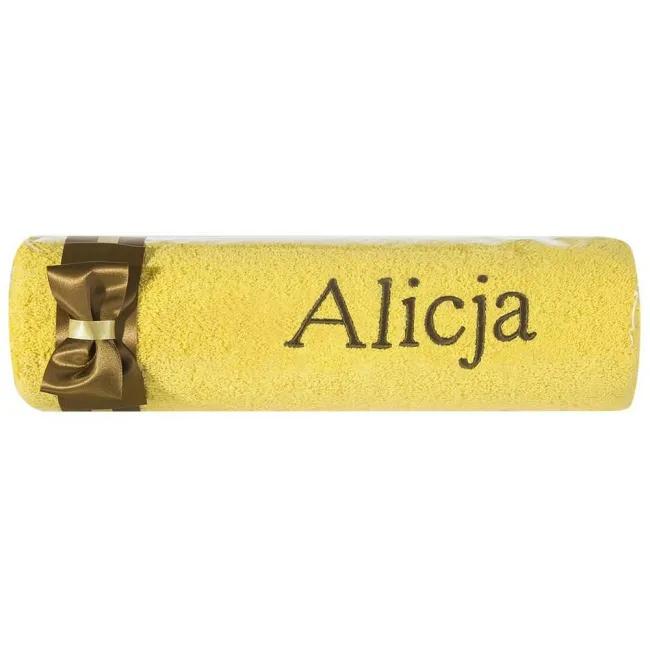 Ręcznik z haftem 50x90 Alicja żółty brązowa kokarda na prezent imieninowy