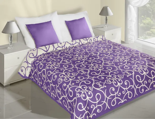 Narzuta na łóżko 170x210 Milo kremowa fioletowa dwustronna