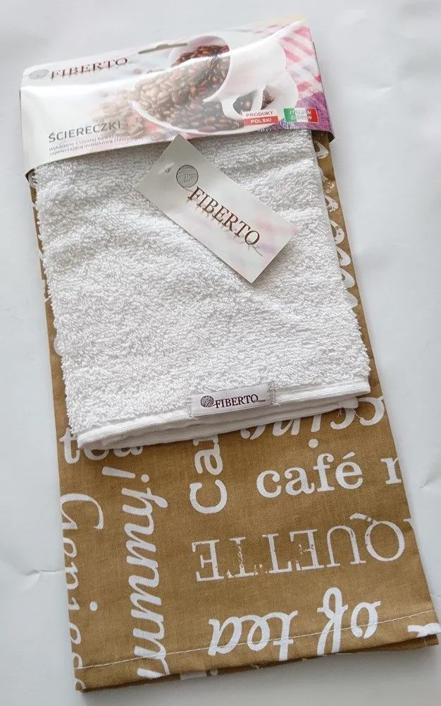 Komplet ścierek kuchennych Fiberto ścierka beżowa napisy 50x70 ręcznik biały 30x50 100% bawełny