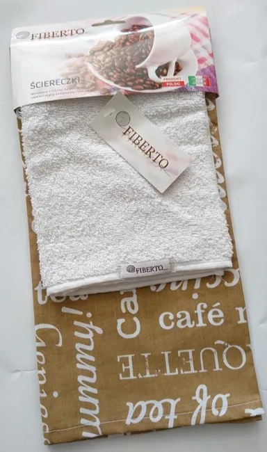 Komplet ścierek kuchennych Fiberto ścierka beżowa napisy 50x70 ręcznik biały 30x50 100% bawełny