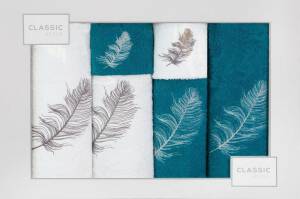 Komplet ręczników w pudełku 6 szt biały turkusowy ciemny Nadia 380g/m2 kwiatki liście gałązki Eurofirany