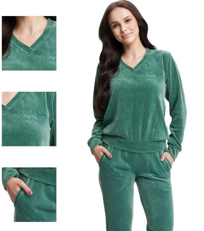 Dres damski długi welurowy 306 XL zielony komplet z bluzą bawełniany