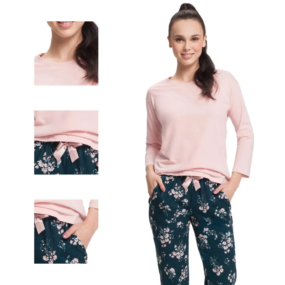 Piżama damska 645 różowa róże 3XL rękaw 7/8 spodnie długie bawełniana