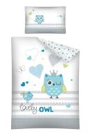 Pościel bawełniana 100x135  2786 A Sowa ptaszek serduszka Lovely Owl biała niebieska szara