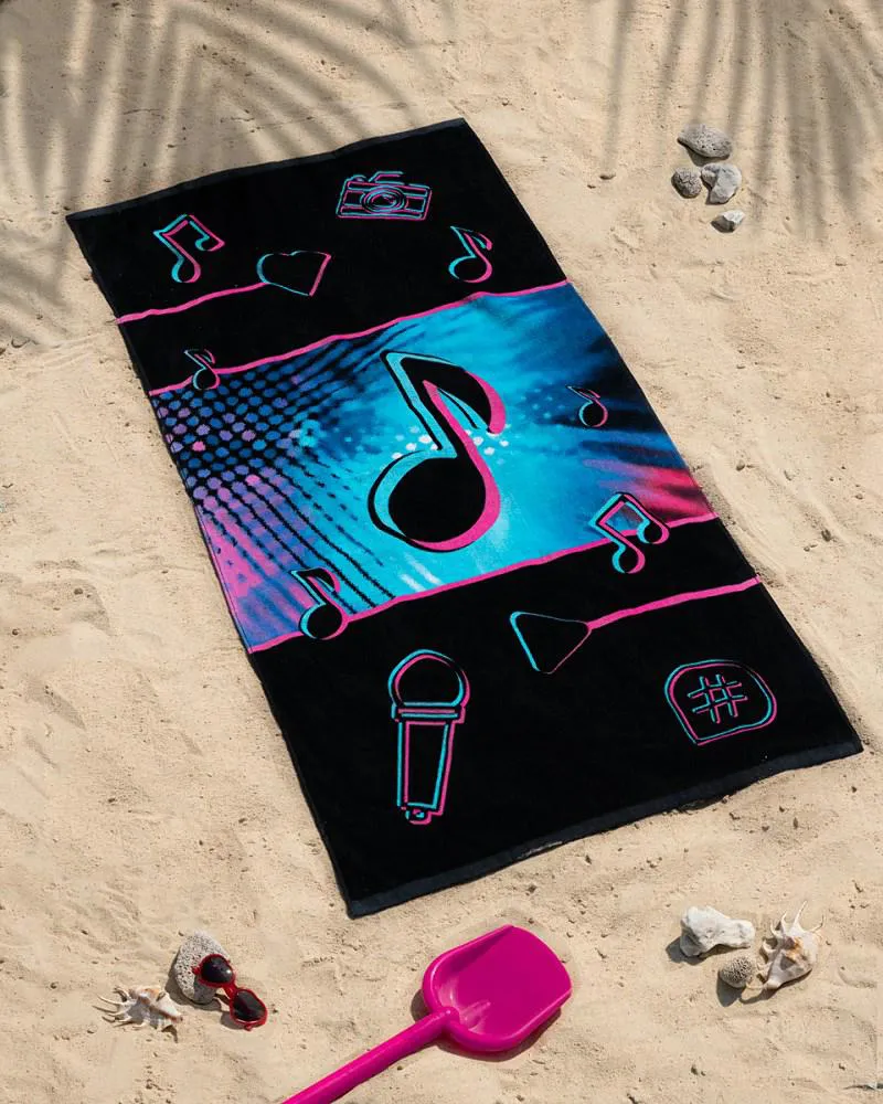 Ręcznik plażowy 70x140 Nutki Świat muzyki czarny niebieski róż 1118 dziecięcy bawełniany młodzieżowy mikrofon