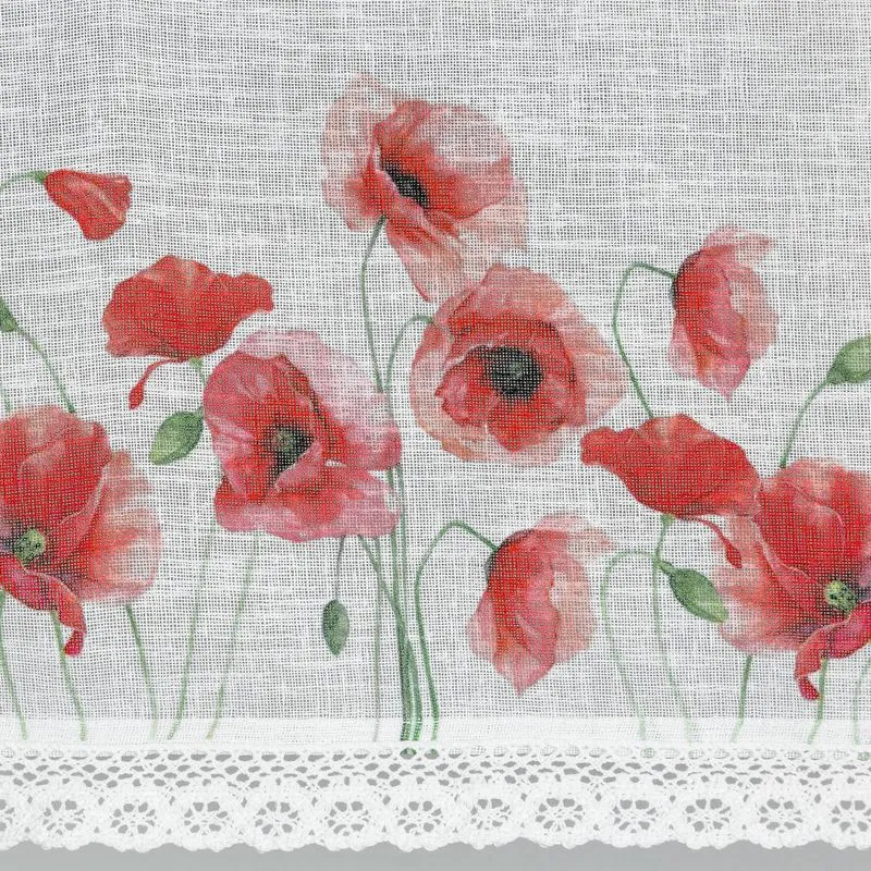 Zazdroska 30x150 Mari biała czerwona gotowa na tunel wzór kwiatowy maki z matowej tkaniny z koronką Eurofirany