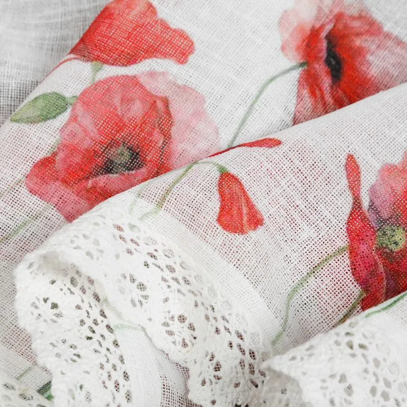 Zazdroska 30x150 Mari biała czerwona gotowa na tunel wzór kwiatowy maki z matowej tkaniny z koronką Eurofirany