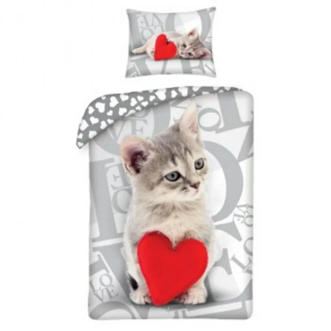 Pościel bawełniana 140x200 Słodki Kotek 6787 Sweet Cat Love Walentynkowa serce czerwone poszewka 70x90