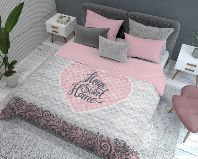 Narzuta dekoracyjna 220x240 Holland K23 Home sweet home serce orientalna ornamenty różowa szara biała dwustronna