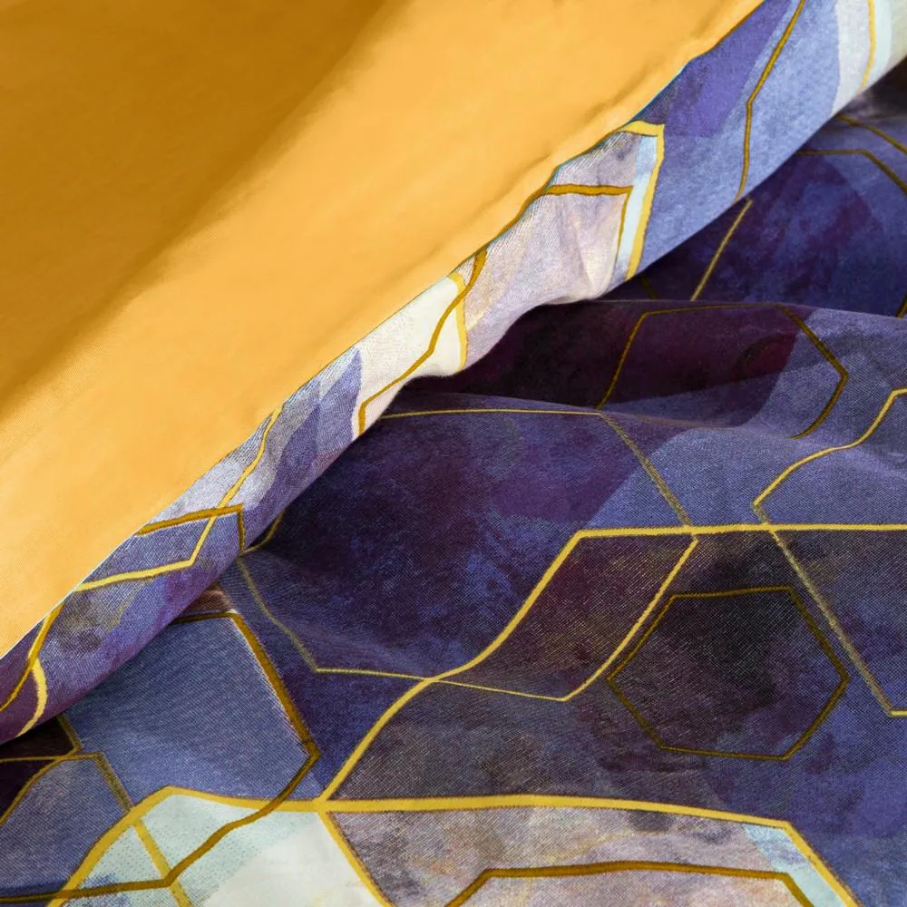 Pościel satynowa 160x200 sześciokąty geometryczna fioletowa musztardowa w pudełku Vitrage Nova Print Gift Eurofirany