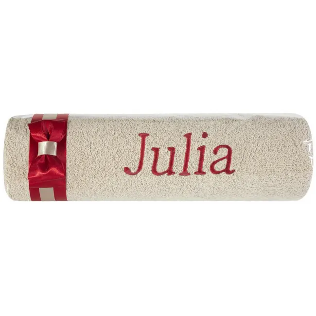 Ręcznik z haftem 50x90 Julia beżowy bordowa kokarda na prezent imieninowy