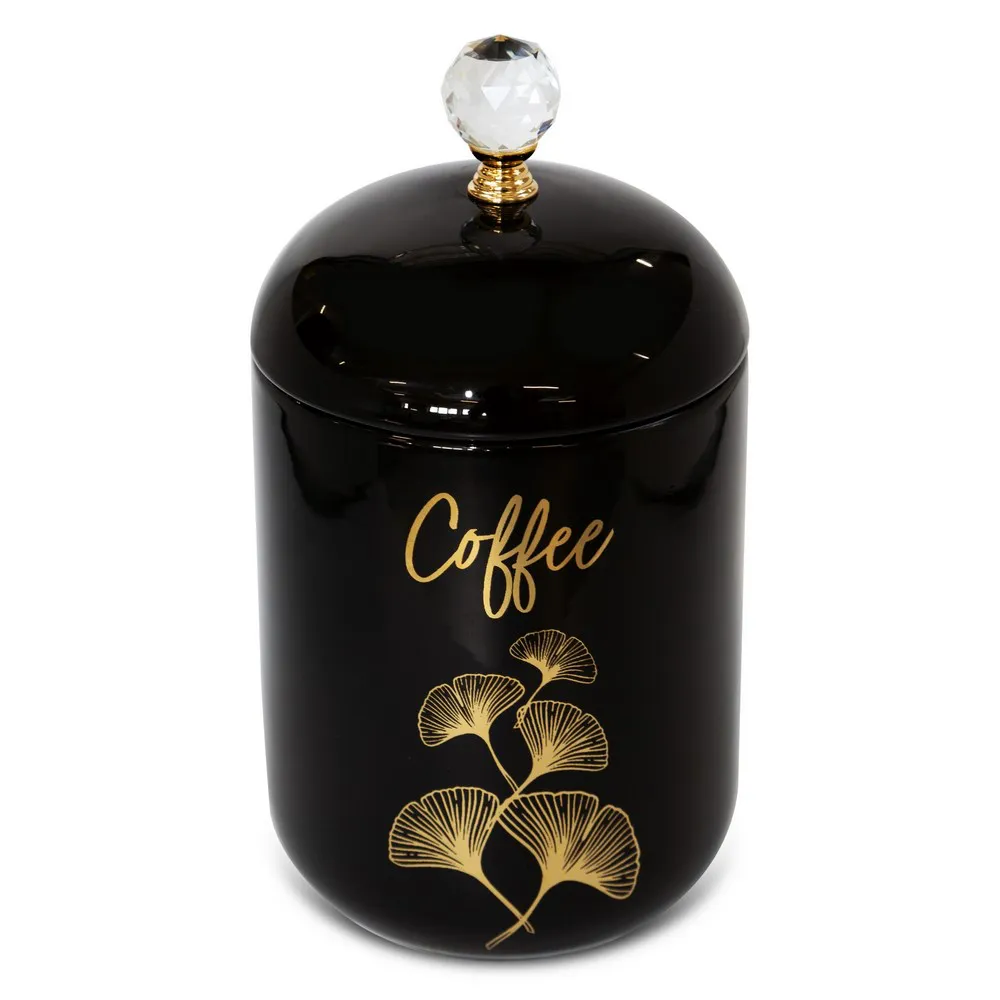 Komplet 3 pojemników Ginko 1 Kawa Herbata Cukier czarny złoty ceramiczny 11x11x21 liście miłorzębu Eurofirany