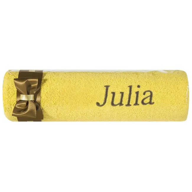 Ręcznik z haftem 50x90 Julia żółty brązowa kokarda na prezent imieninowy