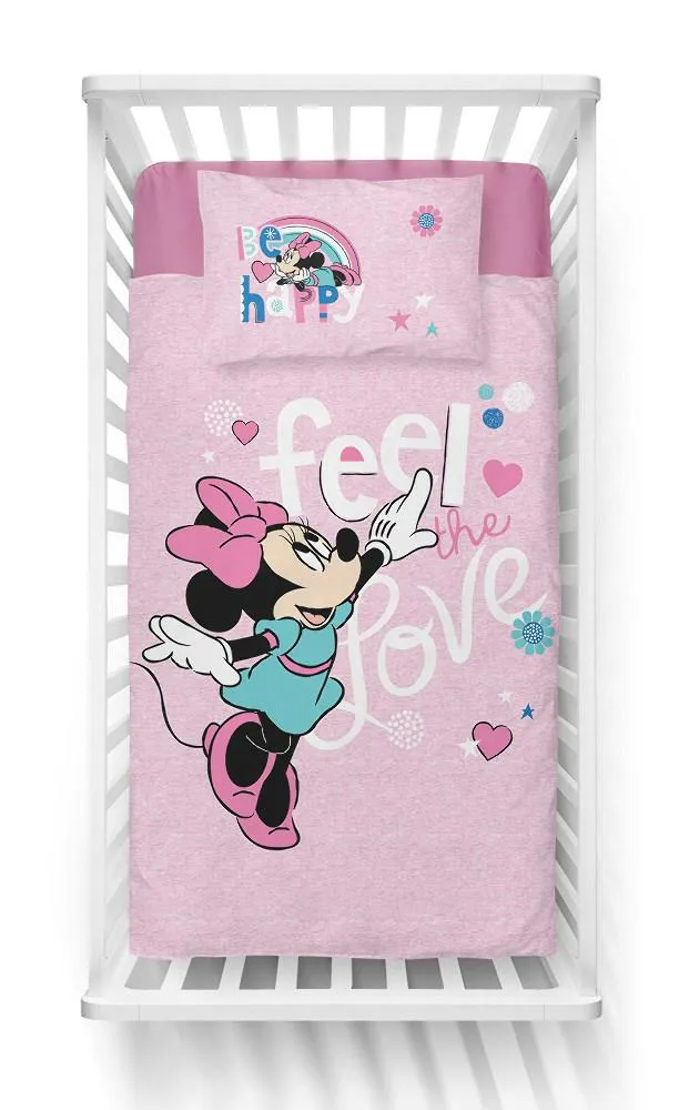Pościel bawełniana 100x135 Myszka Mini Minnie Mouse różowa Feel Love be happy 45 A 2483