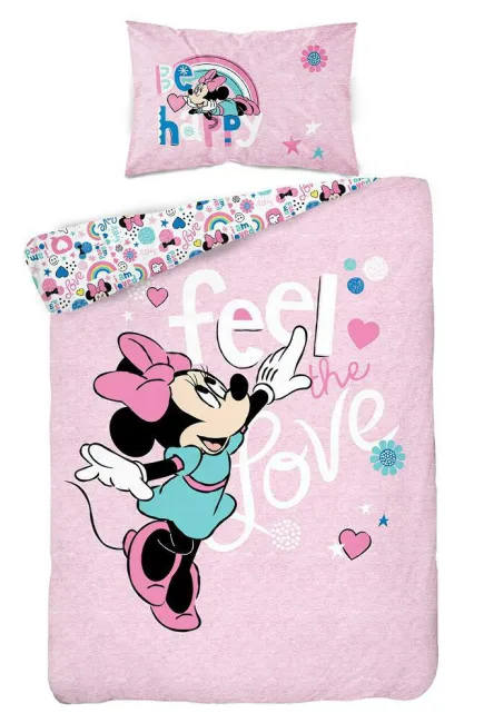 Pościel bawełniana 100x135 Myszka Mini Minnie Mouse różowa Feel Love be happy 45 A 2483