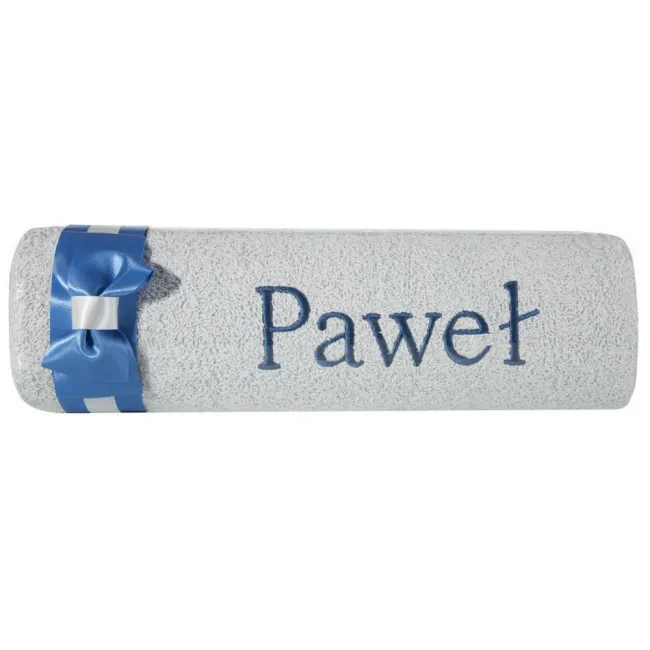 Ręcznik z haftem 50x90 Paweł niebieski granatowa kokarda na prezent imieninowy
