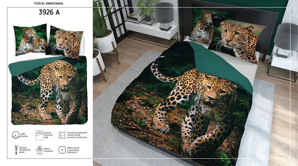 Pościel bawełniana 160x200 gepard zielona 3926 A Holland Natura 100