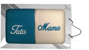 Komplet ręczników w pudełku 2 szt. 70x140 Mama Tata kremowy turkusowy 22