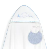 Okrycie kąpielowe 100x100 Baby biały niebieski ręcznik z kapturkiem + śliniaczek