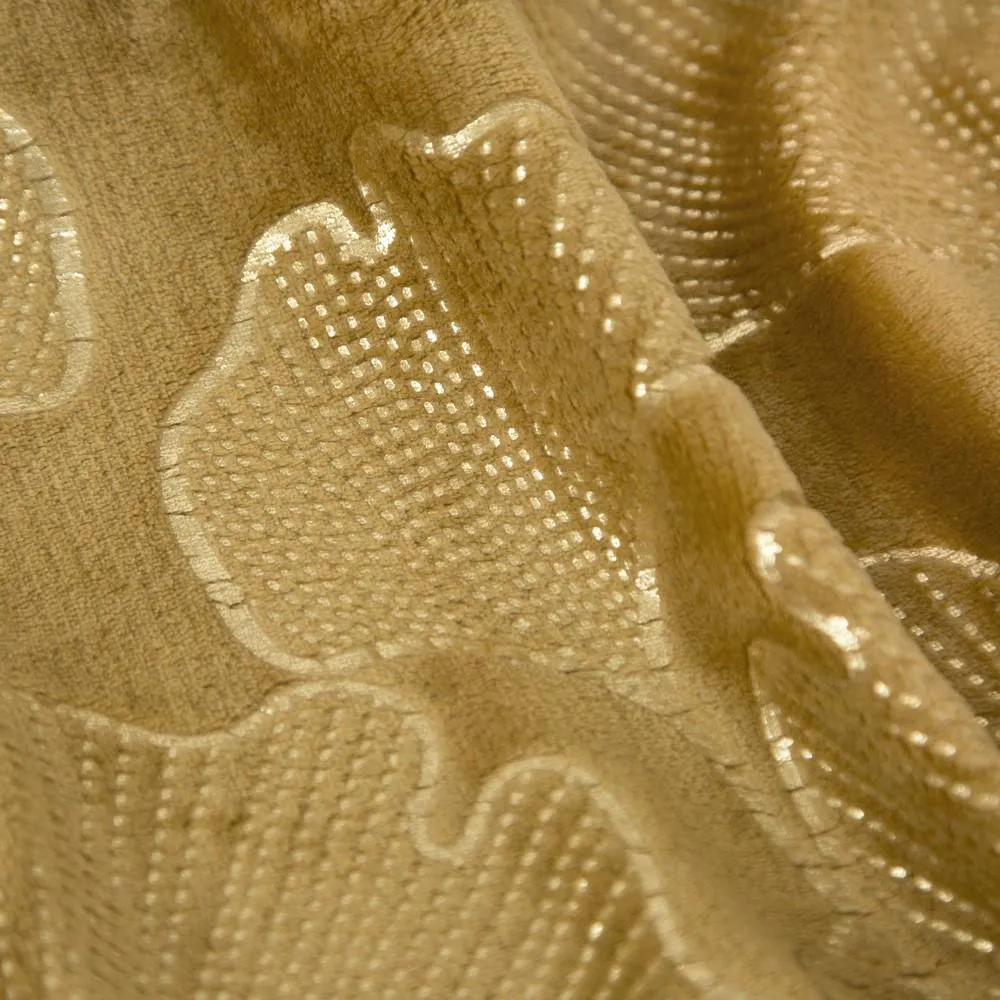 Koc narzuta z mikrofibry 150x200 miodowy z błyszczącym nadrukiem liści miłorzębu Ginko Eurofirany