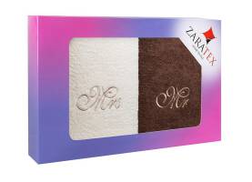 Komplet ręczników w pudełku 2 szt Mr Mrs brązowy ekri 2/70x140 400g/m2
