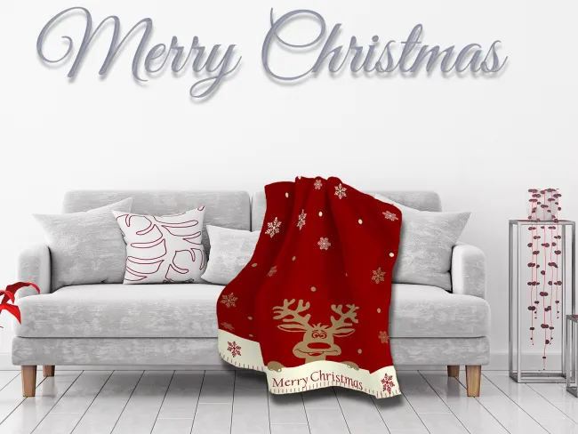 Koc bawełniany akrylowy 150x200 13301 A świąteczny Merry Christmas wesoły renifer śnieżki czerwony